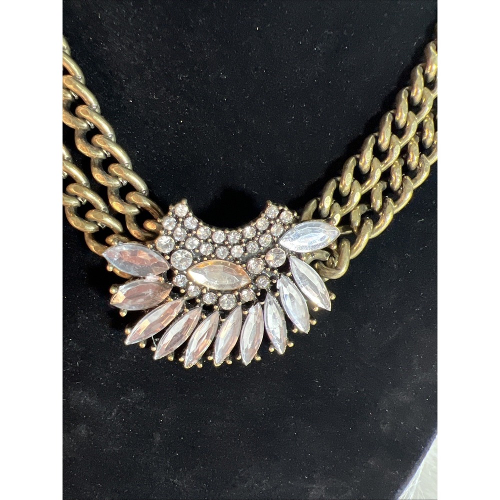 Vintage Womens Bronce Tone Double Chain Rhinestone Front Statement Necklace - Picture 6 of 12